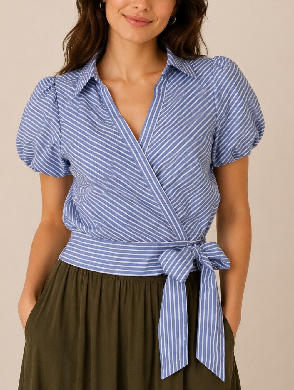 MILK & HONEY Light Blue Striped Surplice Puff-Sleeve Cropped Tie Waist Top